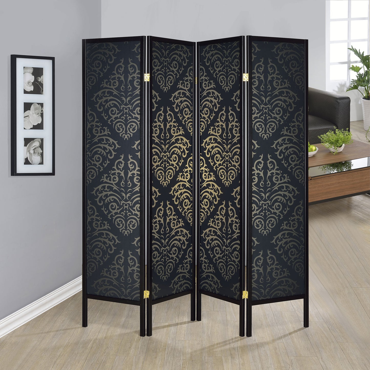 Haidera 4-Panel Room Divider Folding Screen Black Damask