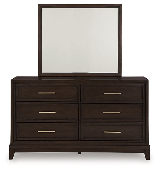 Neymorton King Upholstered Panel Bed with Mirrored Dresser, Chest and 2 Nightstands