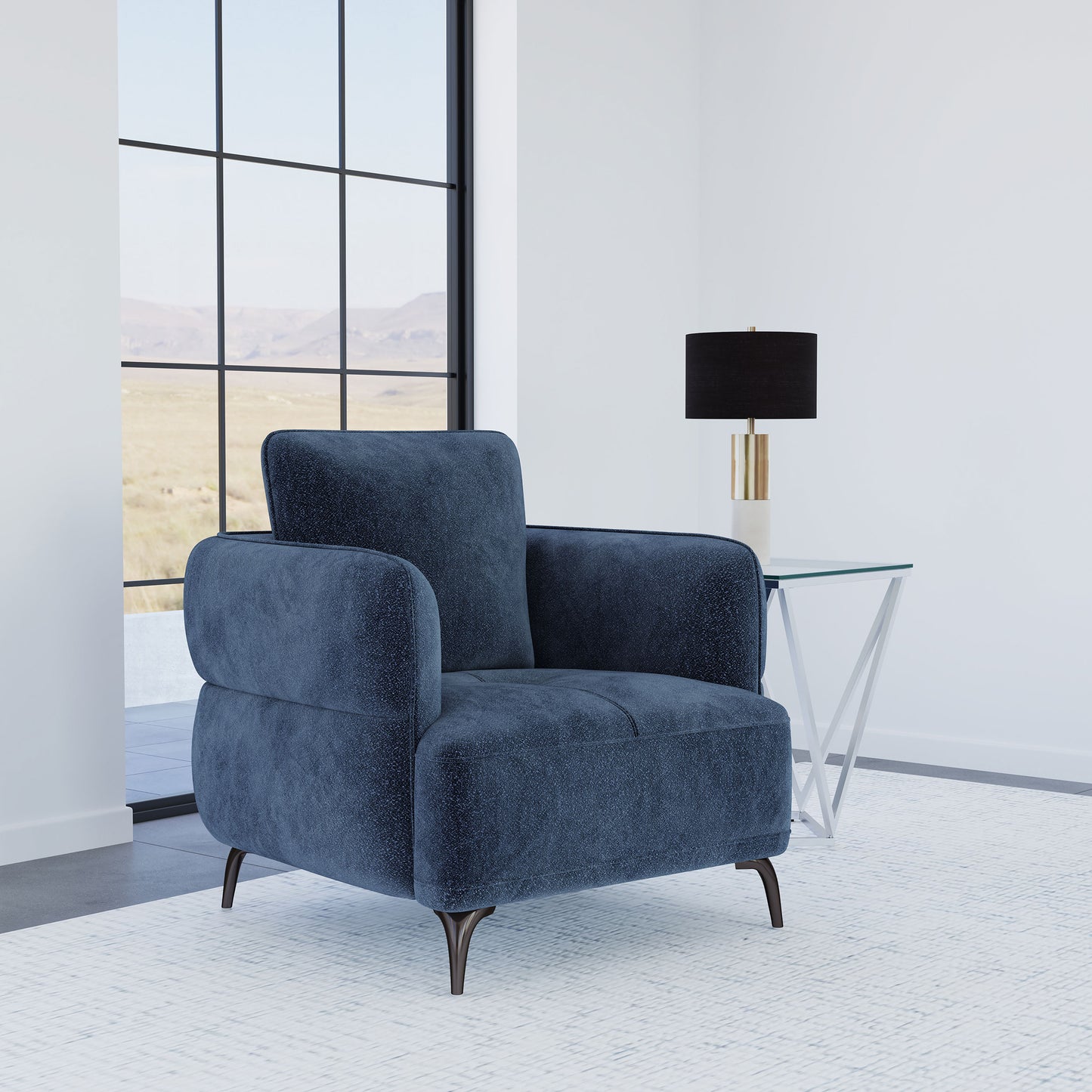 Lively Chenille Upholstered Modern Track Arm Chair Blue