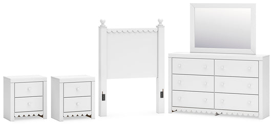 Mollviney Twin Panel Headboard with Mirrored Dresser and 2 Nightstands