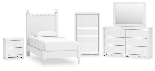 Mollviney Twin Panel Bed with Mirrored Dresser, Chest and Nightstand