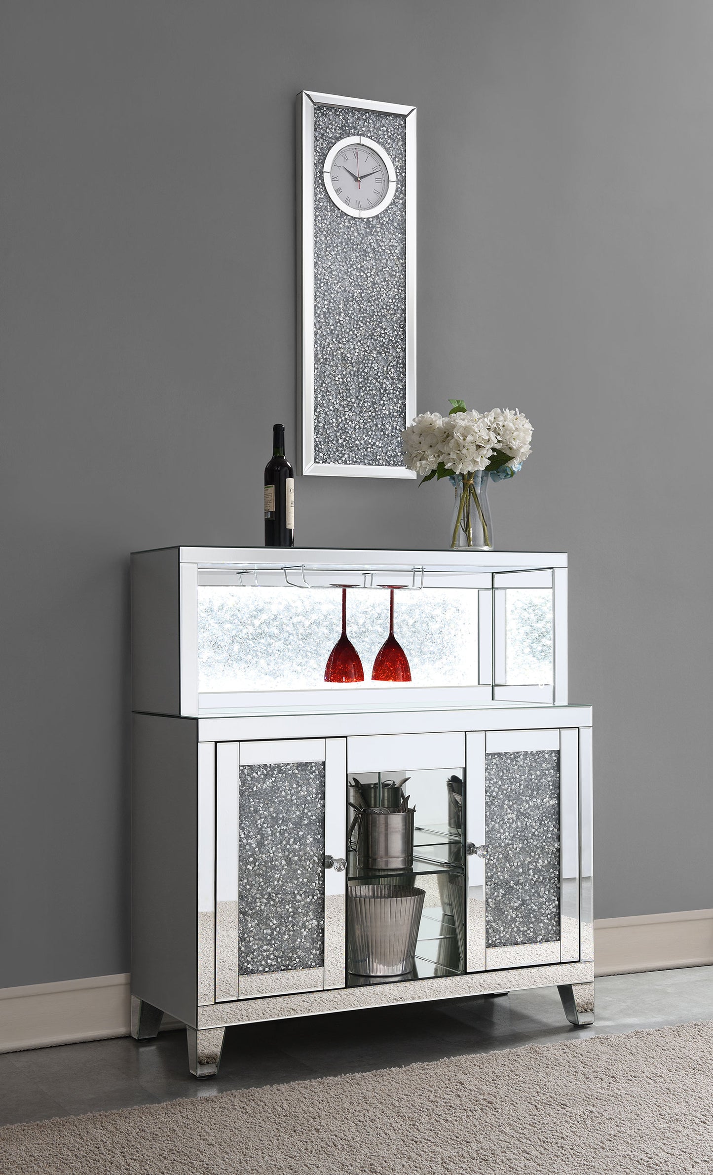 Yvaine 2-door Mirrored Acrylic Home Bar Wine Cabinet Silver