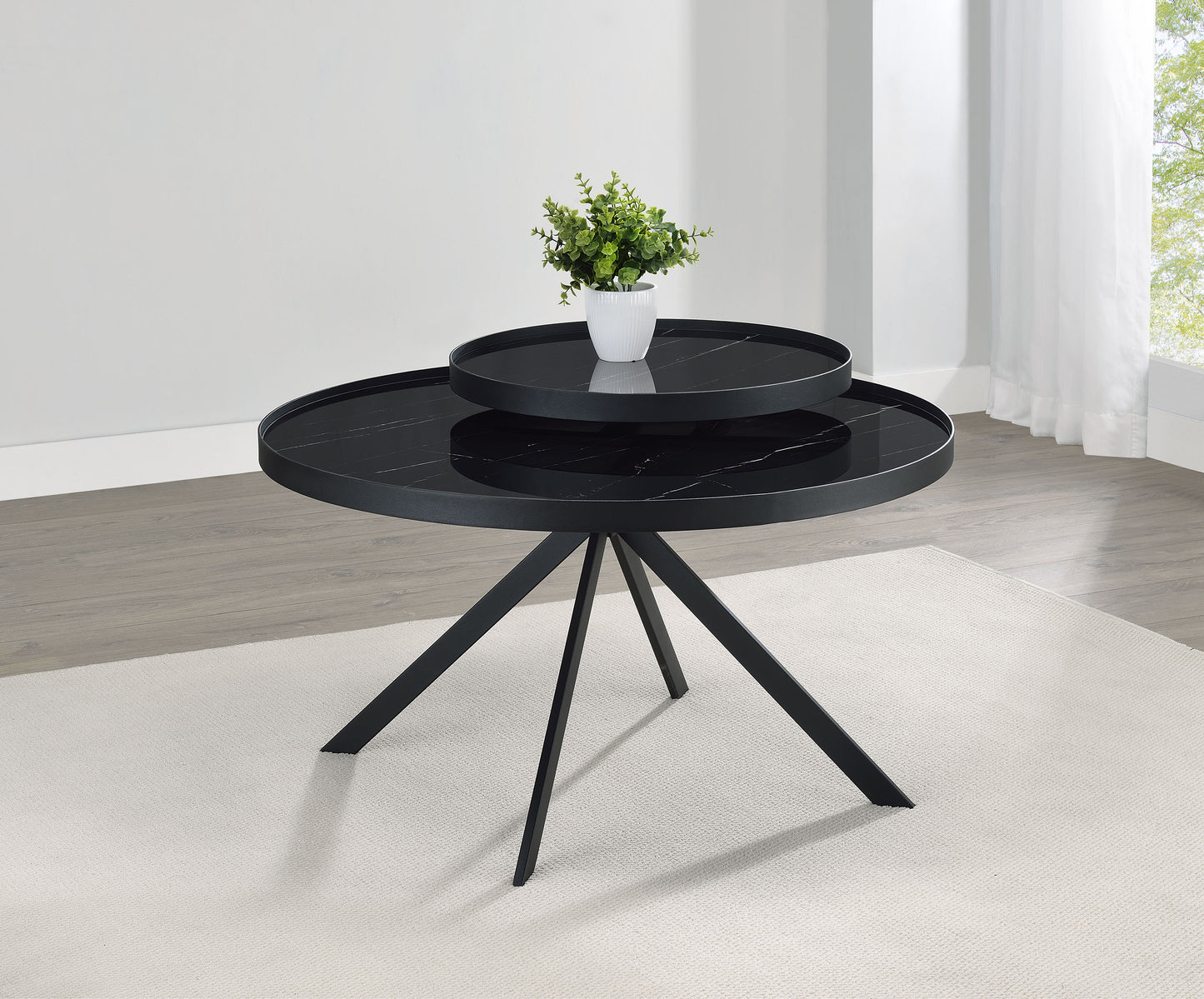 Briggs Round Marble Printed Glass Top Coffee Table Black