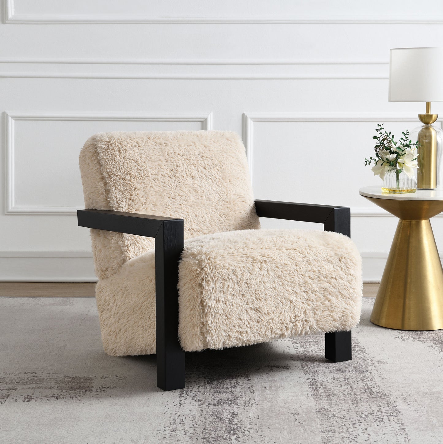 Paquet Faux Fur Upholstered Chair Solid Wood Arms Latte