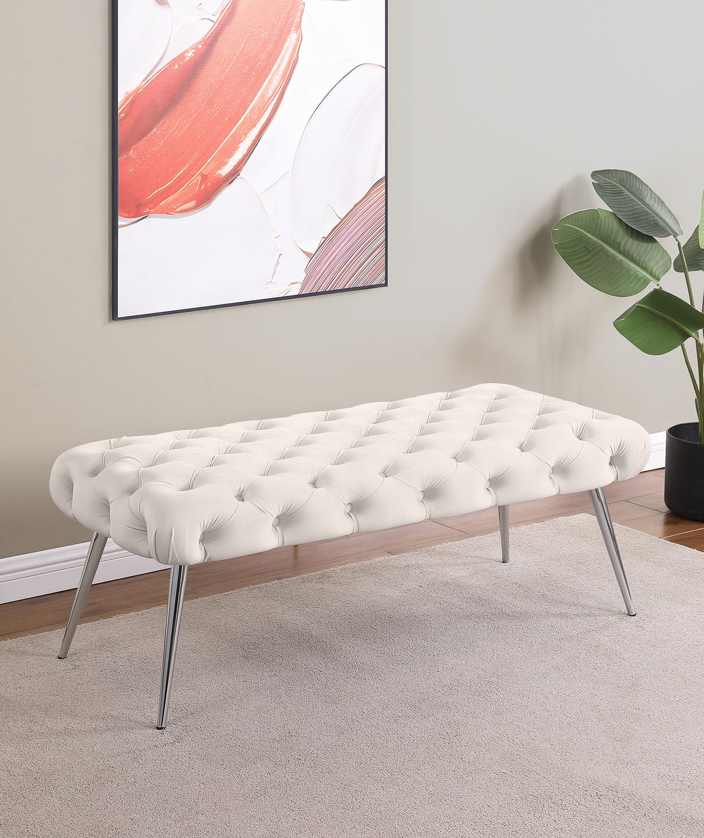 Ella Upholstered Tufted Bench Stainless Steel Legs Ivory