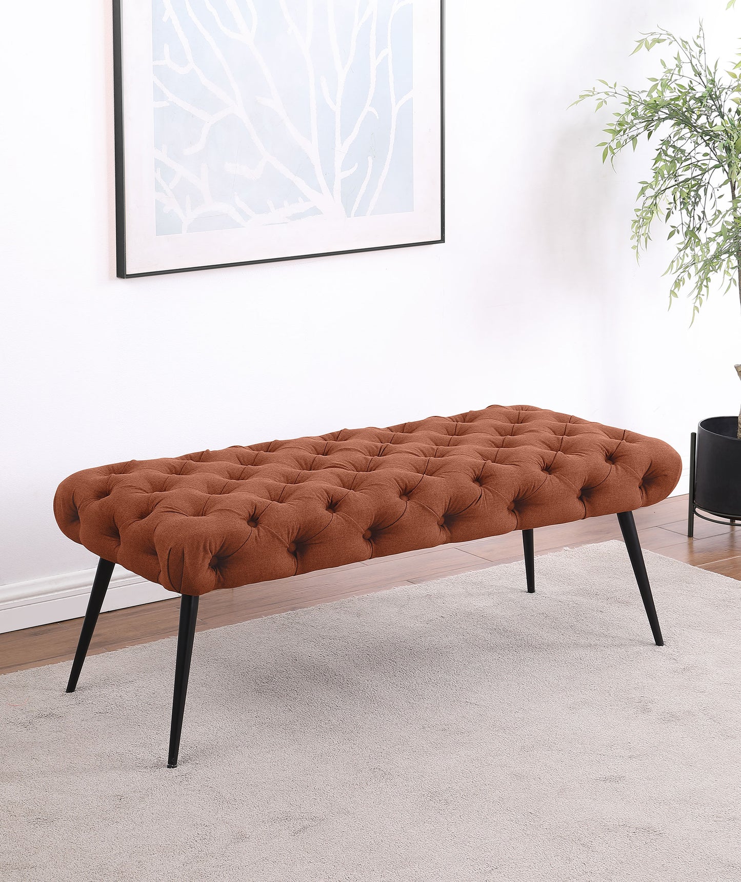 Ella Upholstered Tufted Bench Stainless Steel Legs Rust