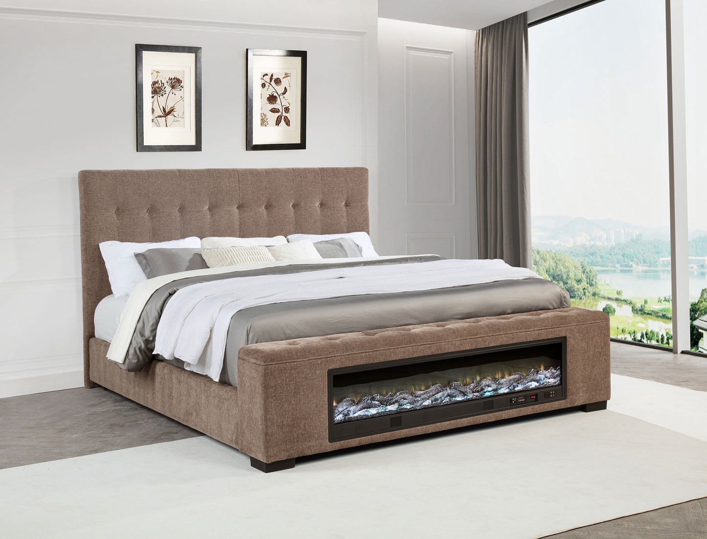 Senna Upholstered California King Audio Fireplace Bed Brown