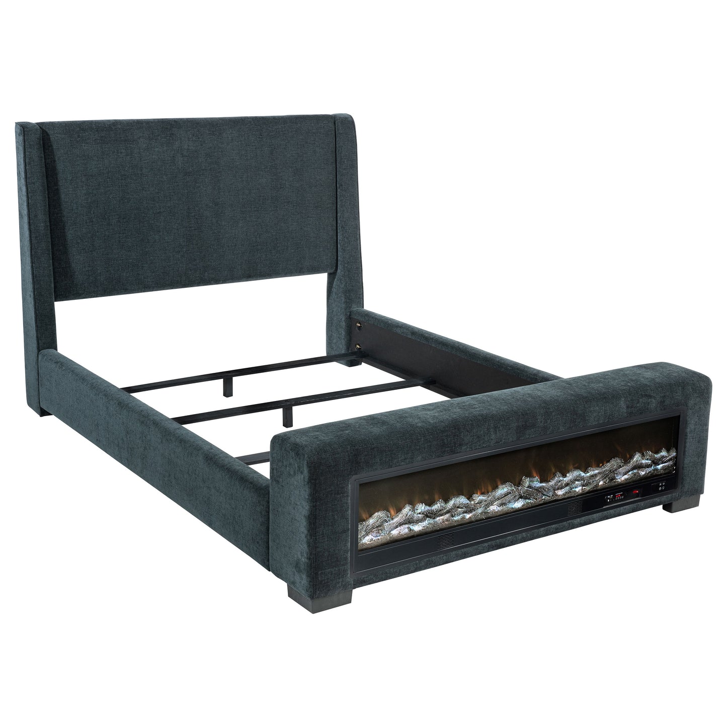 Preston Upholstered Eastern King Audio Fireplace Bed Blue