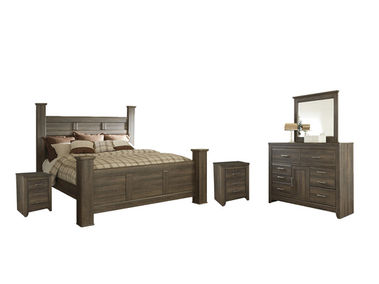 Juararo King Poster Bed with Mirrored Dresser and 2 Nightstands