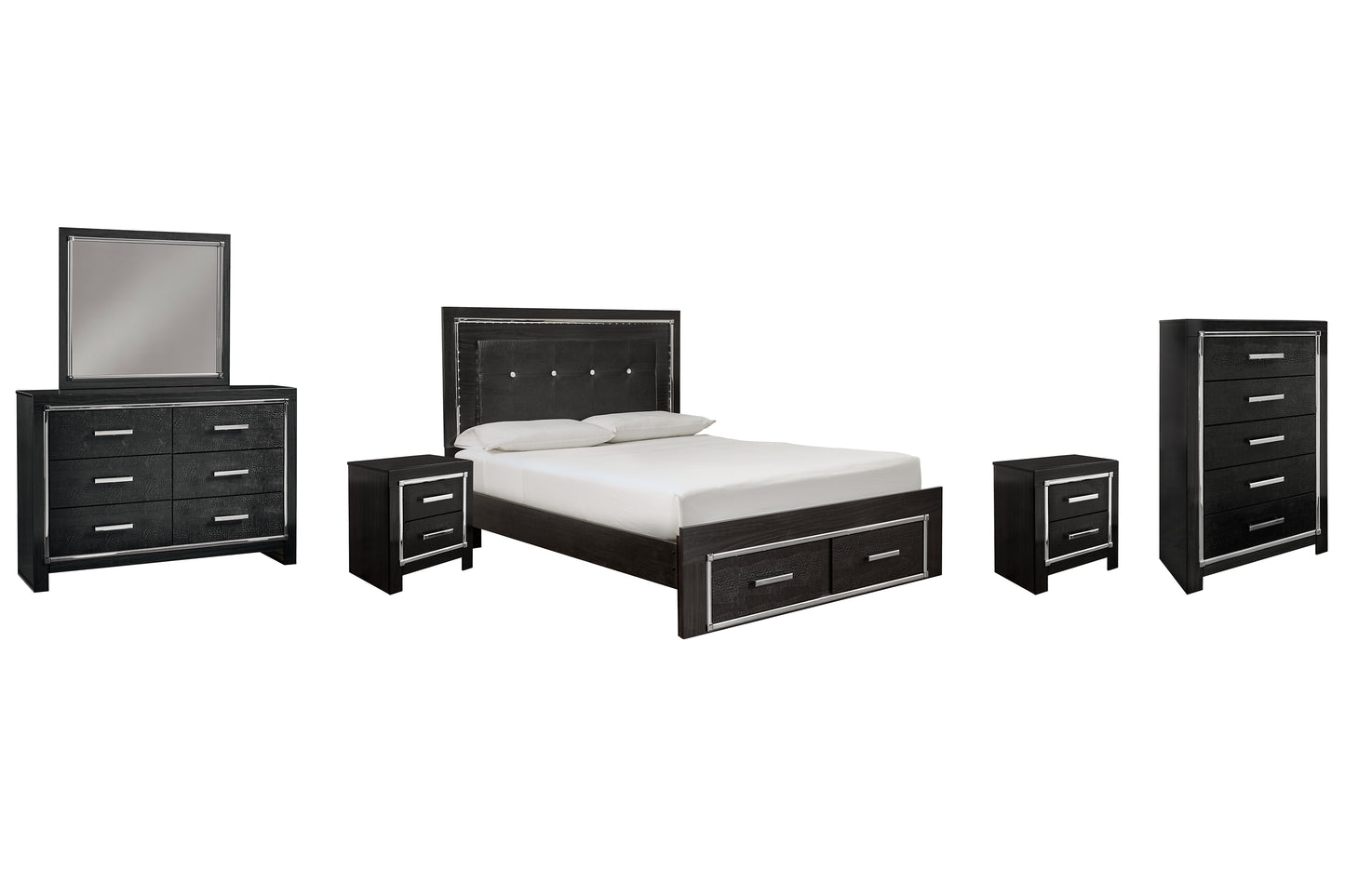 Kaydell Queen Panel Bed with Storage with Mirrored Dresser, Chest and 2 Nightstands