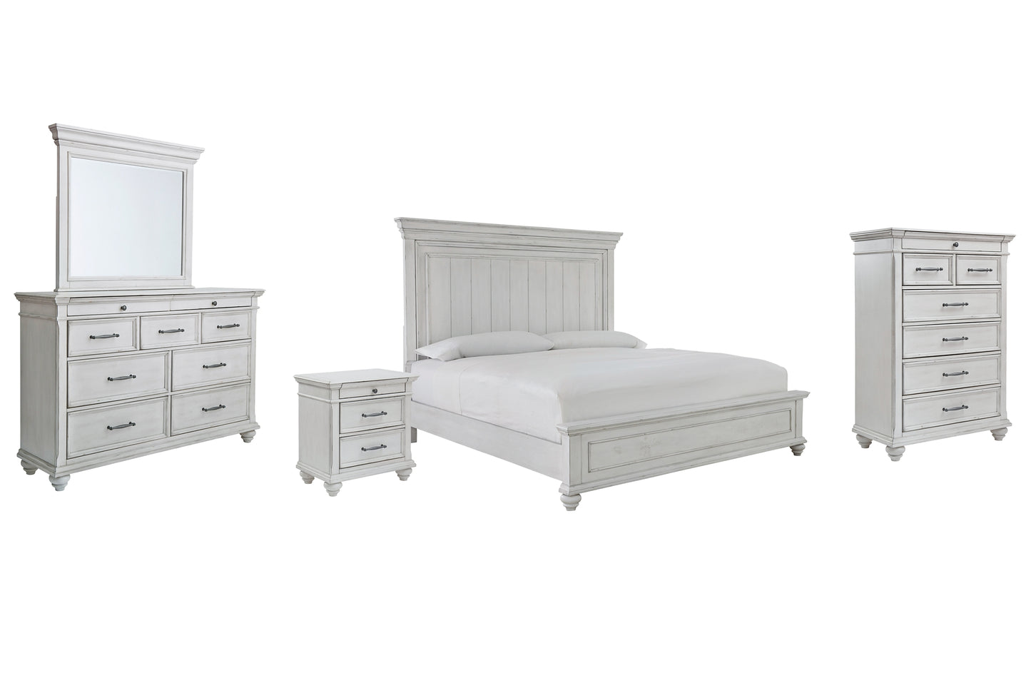 Kanwyn King Panel Bed with Mirrored Dresser, Chest and Nightstand