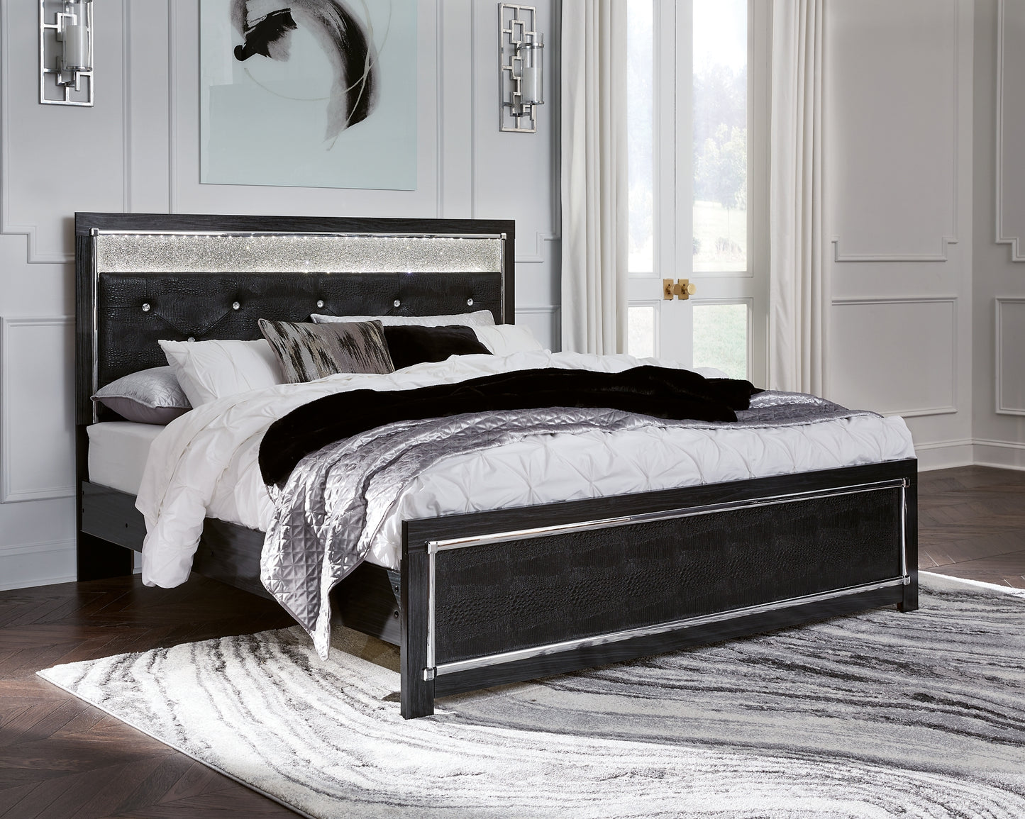 Kaydell King Upholstered Panel Platform Bed with Mirrored Dresser, Chest and Nightstand