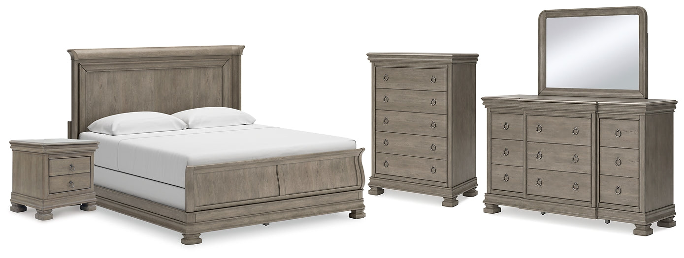 Lexorne California King Sleigh Bed with Mirrored Dresser, Chest and Nightstand