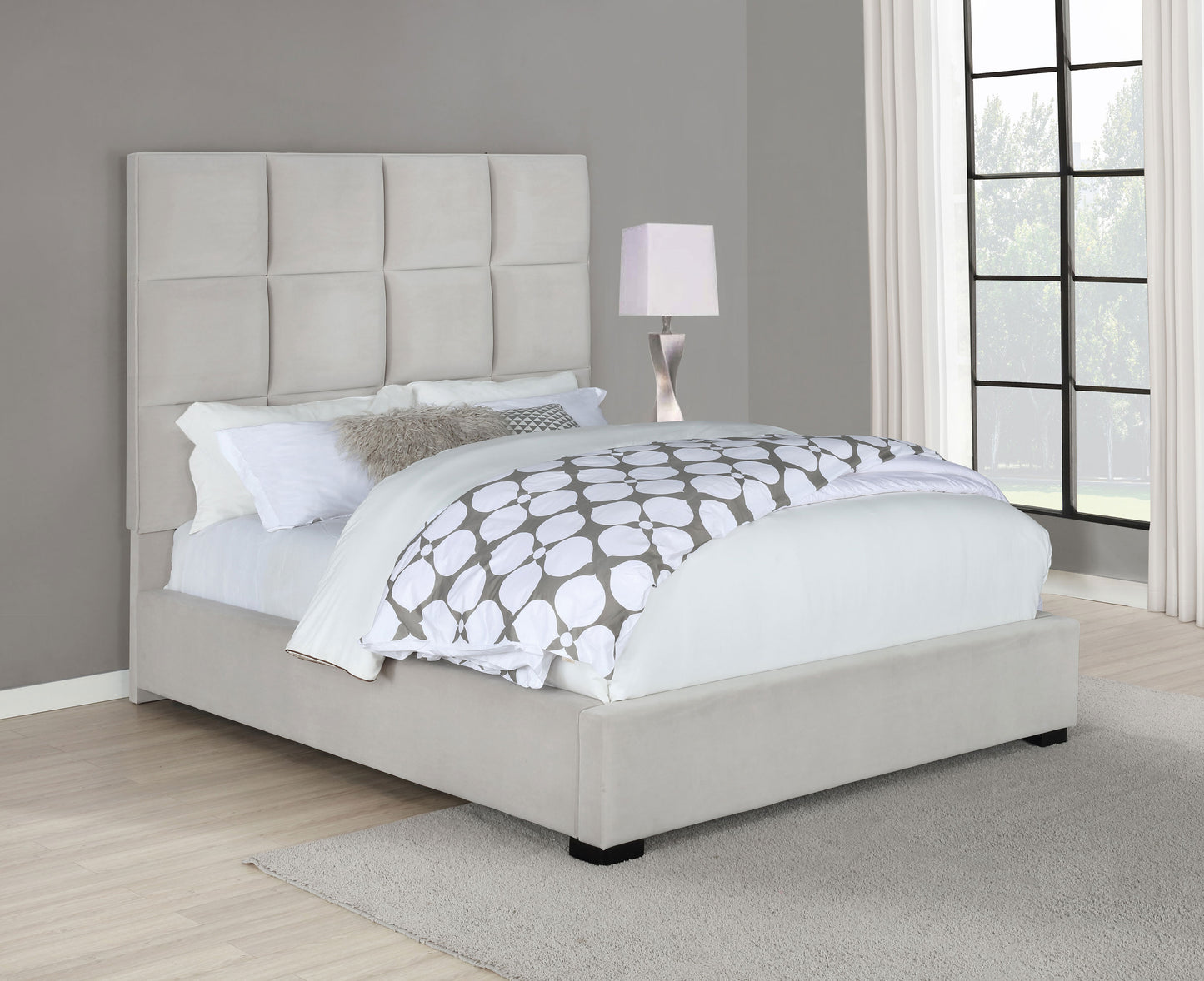 Panes Upholstered Eastern King Panel Bed Beige