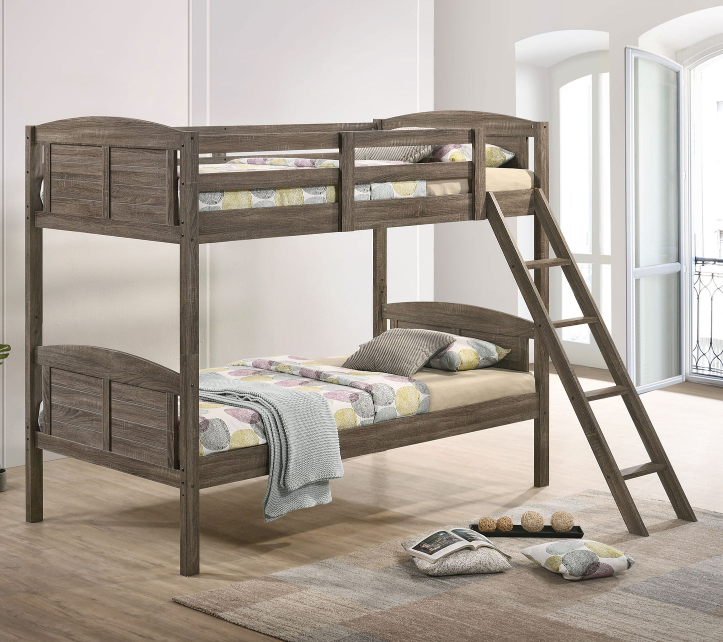 Flynn Wood Twin Over Twin Bunk Bed Weathered Brown